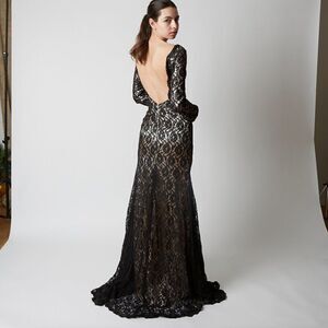 Black Lace Formal Gown Grad Bridesmaid Low Back with Train